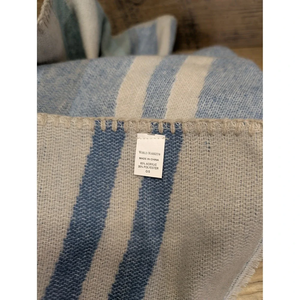 World‎ Market Striped Ruana Wrap Poncho Shawl Blue Cream One Size Boho